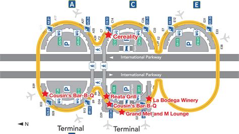 As you can see on the DFW Airport map, each of the five terminals forms a half circle with its parking structure attached, with the parking lot in the middle facing the International Parkway's one-way highways. The map of DFW Airport also shows that terminals A and B, as well as C and D, are all facing one another and joined by a walkway.